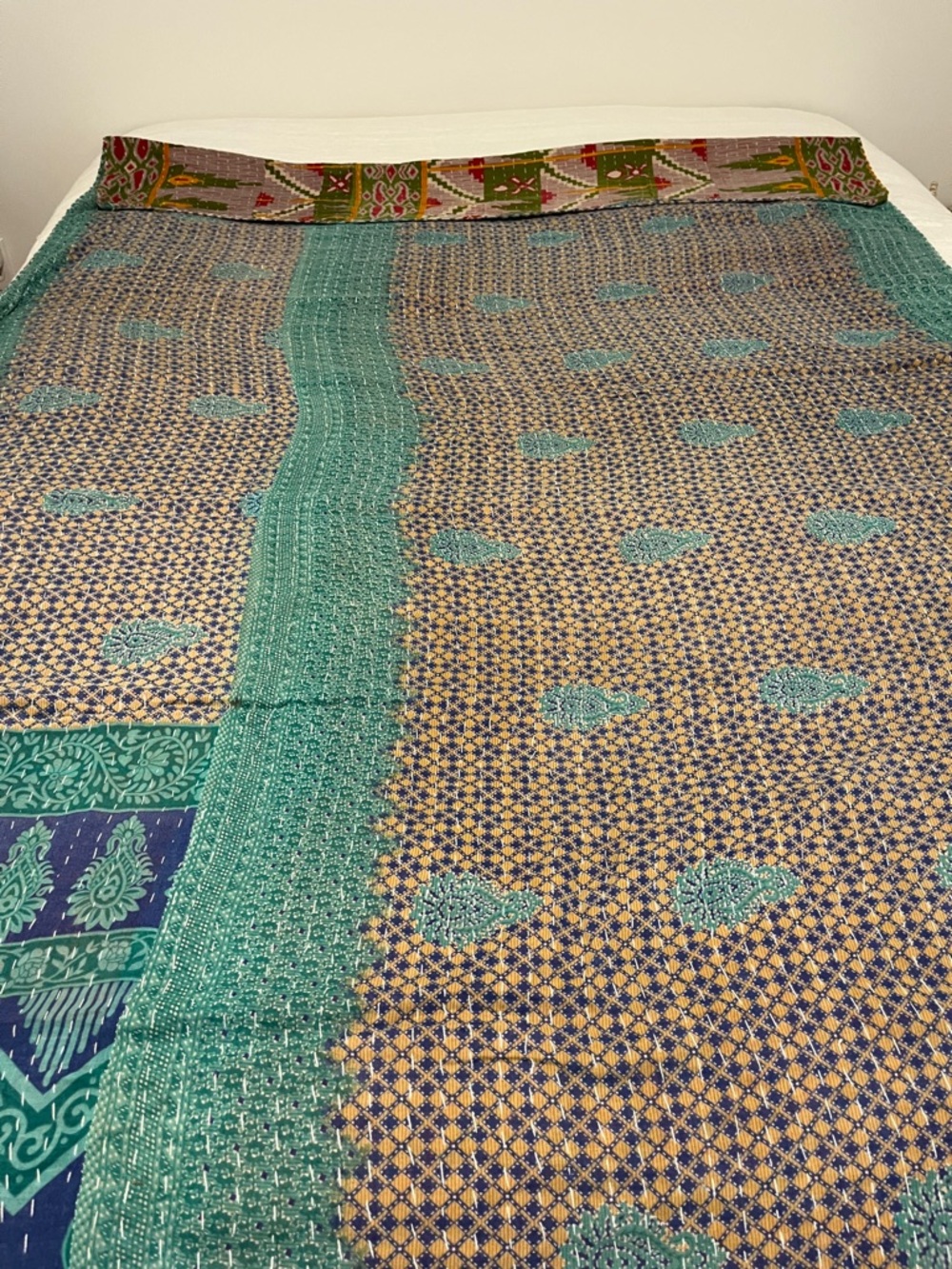 KANTHA QUILT HANDCRAFTED LIGHTWEIGHT REVERSIBLE BLANKET THROW BEDDING FROM INDIA - Picture 12 of 12